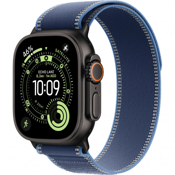 Apple Watch Ultra 3 49mm, Black Titanium, Trail Loop Blue/Bright Blue, M/L