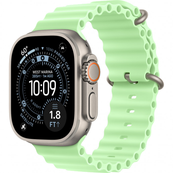Apple Watch Ultra 3 49mm, Natural Titanium, Ocean Band Neon Green