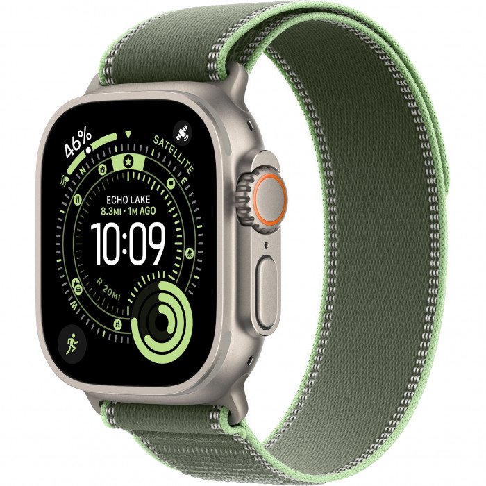 Apple Watch Ultra 3 49mm, Natural Titanium, Trail Loop Green/Neon, M/L