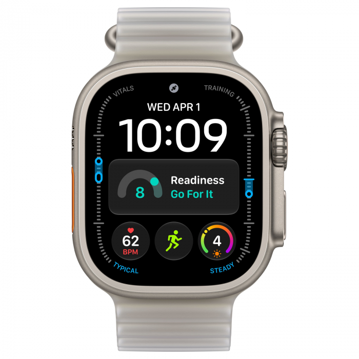 Apple Watch Ultra 4 49mm, Natural Titanium, Ocean Band Translucent Gray
