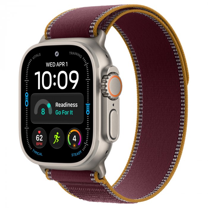 Apple Watch Ultra 4 49mm, Natural Titanium, Trail Loop Burgundy, S/M
